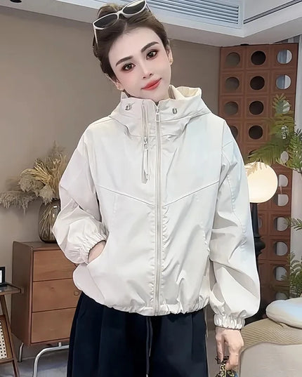 Women's Hooded Short Jacket with Double Zipper - Loose Fit