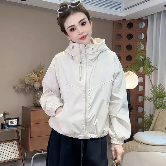 Women's Hooded Short Jacket with Double Zipper - Loose Fit