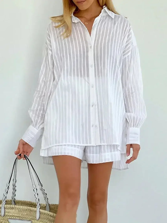 Women's Casual Two-Piece Striped Jacquard Shirt and Elastic Waist Shorts Set