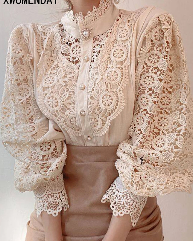 Elegant Women's Chiffon Turtleneck Blouse with Floral Lace Details