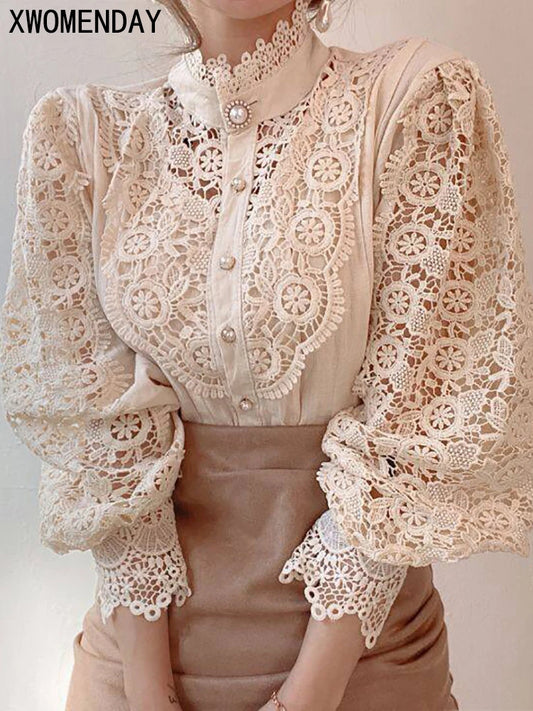 Elegant Women's Chiffon Turtleneck Blouse with Floral Lace Details