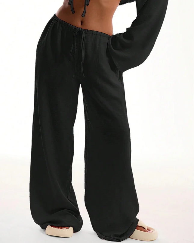 Loose Fit Wide Leg Women's Pants with Drawstring Waist
