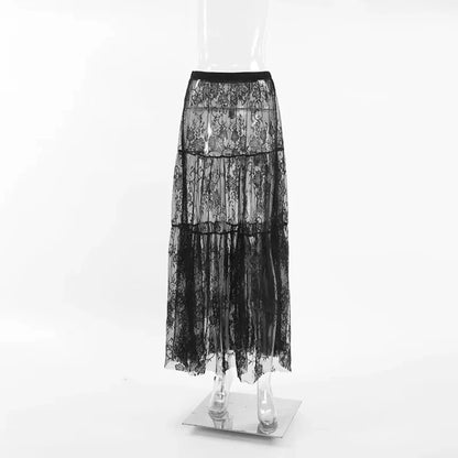 Chic Long Transparent Black Lace Skirt for Women