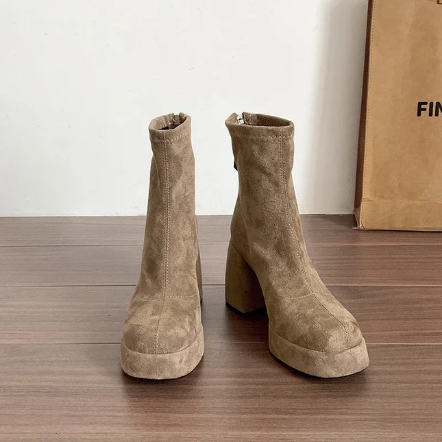 Ohmmayby Stylish Women’s Ankle Boots with Platform Square High Heels