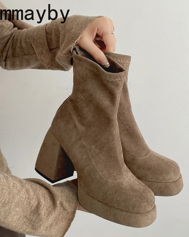 Ohmmayby Stylish Women’s Ankle Boots with Platform Square High Heels