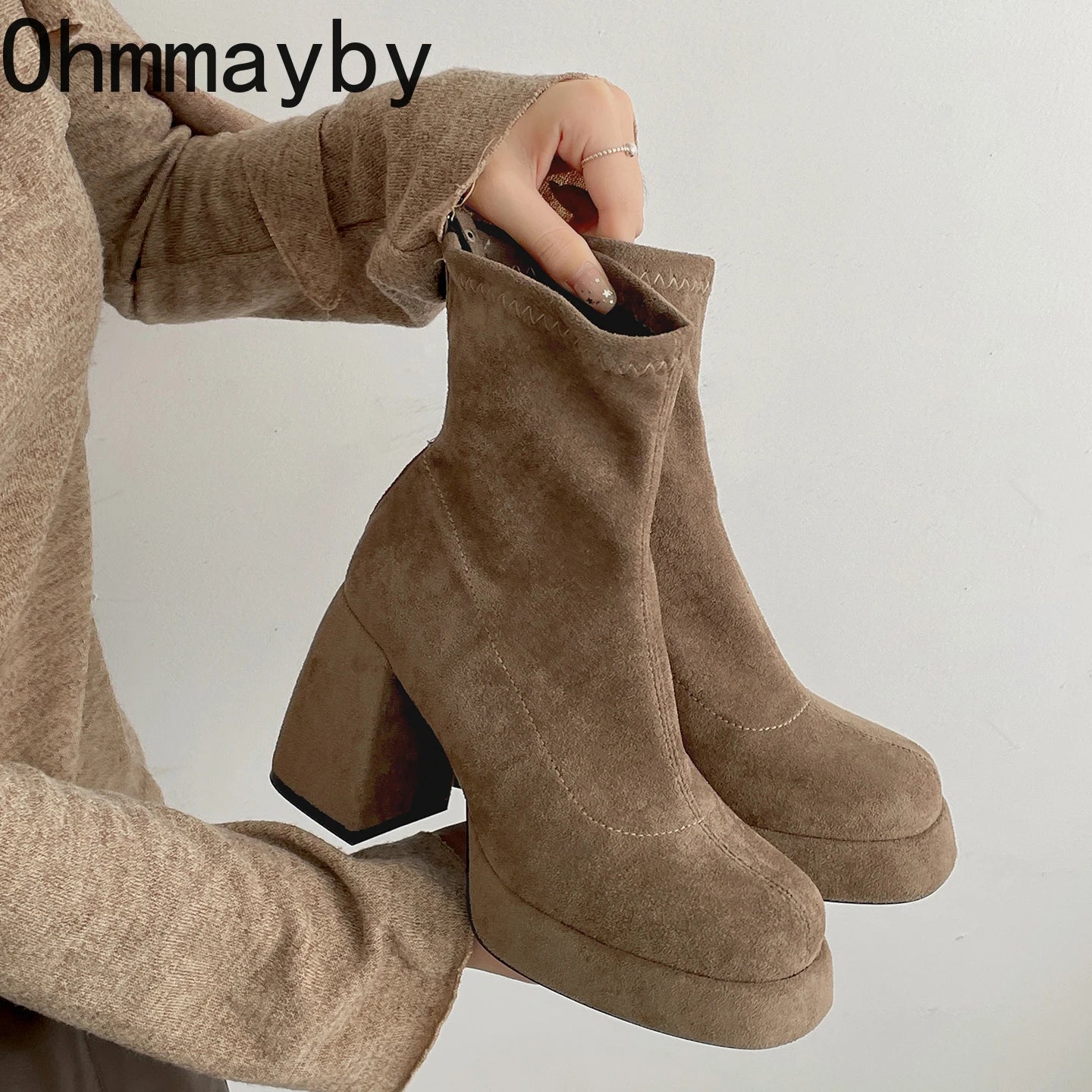 Ohmmayby Stylish Women’s Ankle Boots with Platform Square High Heels