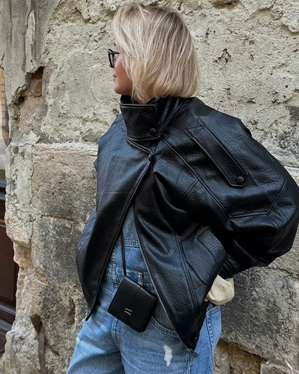 Women's Faux Leather Loose Jacket with Stand Collar and Zipper