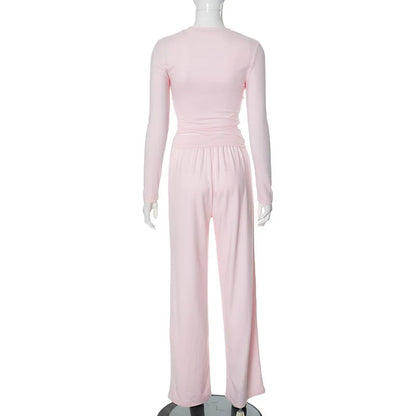 Women's Two-Piece Pleated Casual Sweater Set with Round Neck Long Sleeve Top & High-Waisted Wide Leg Pants