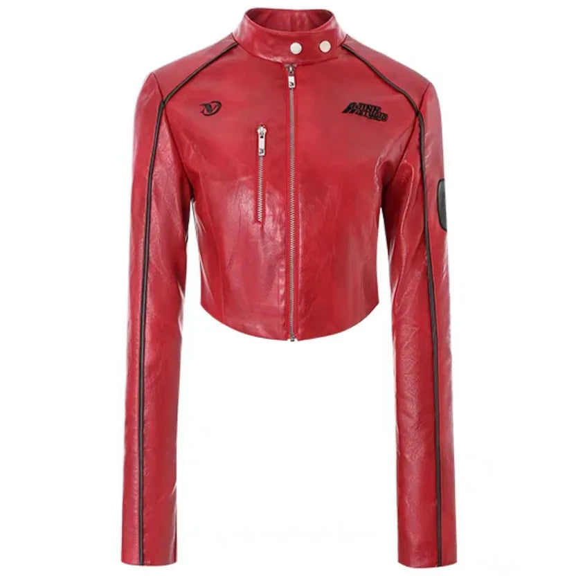 Women's PU Stand Collar Jacket with Zipper, Cropped & Slim Fit Design