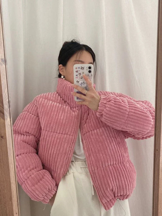 Women's Thick Corduroy Puffy Short Parka with Zipper Closure