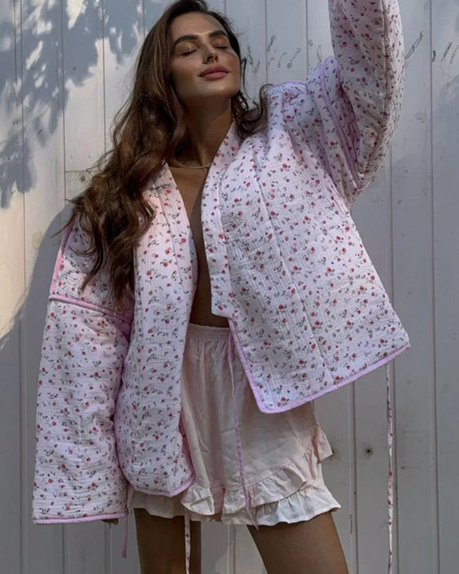 Floral Print Loose-Fit Pink Lace-Up Jacket for Women