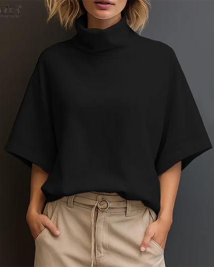 Zanzea Women's Elegant Turtleneck Half Sleeve Blouse