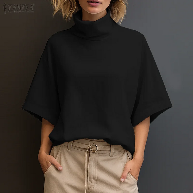 Zanzea Women's Elegant Turtleneck Half Sleeve Blouse