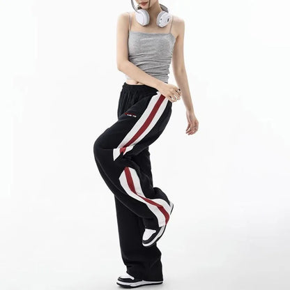 Women's Elastic Waist Side Stripe Sweatpants - Loose Fit, Straight Wide Leg Joggers