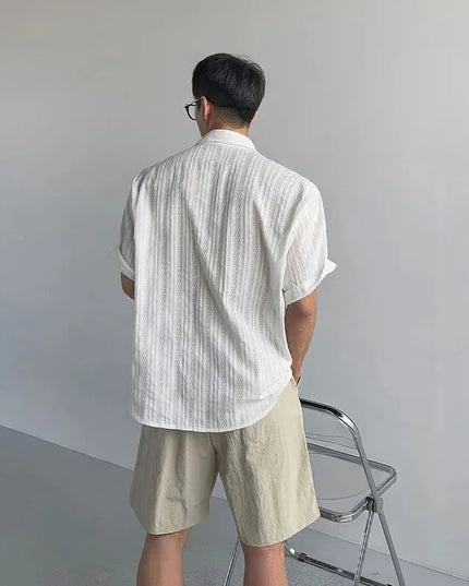 Men's Casual Hollow Stripe Short Sleeve Shirt - Loose Fit, Breathable, Button-Down