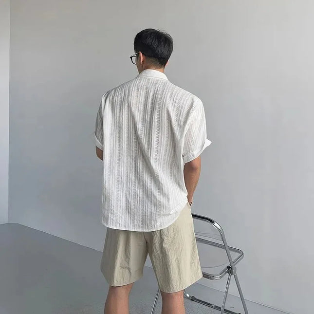 Men's Casual Hollow Stripe Short Sleeve Shirt - Loose Fit, Breathable, Button-Down