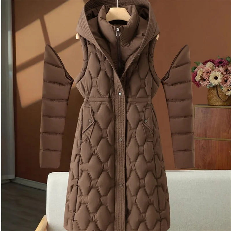 Women's Down Cotton-Padded Hooded Parka Jacket with Detachable Sleeves