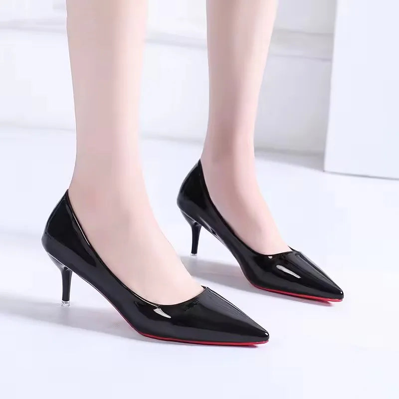 Women's Faux Leather Pointed Toe High Heels with Red Rubber Sole
