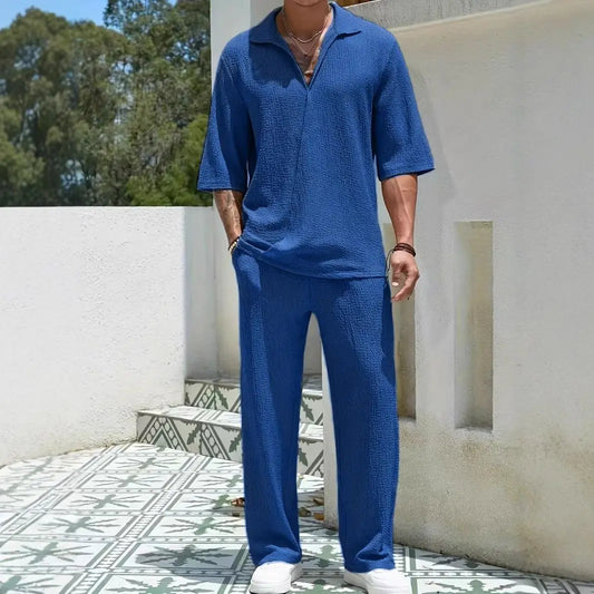 Men's Casual Cotton 2-Piece Set: Stylish Shirts and Pants Set