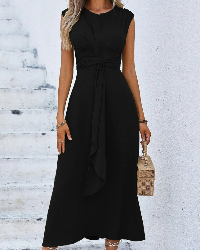 Women's Elegant Belted Midi Dress with Thin Front Straps