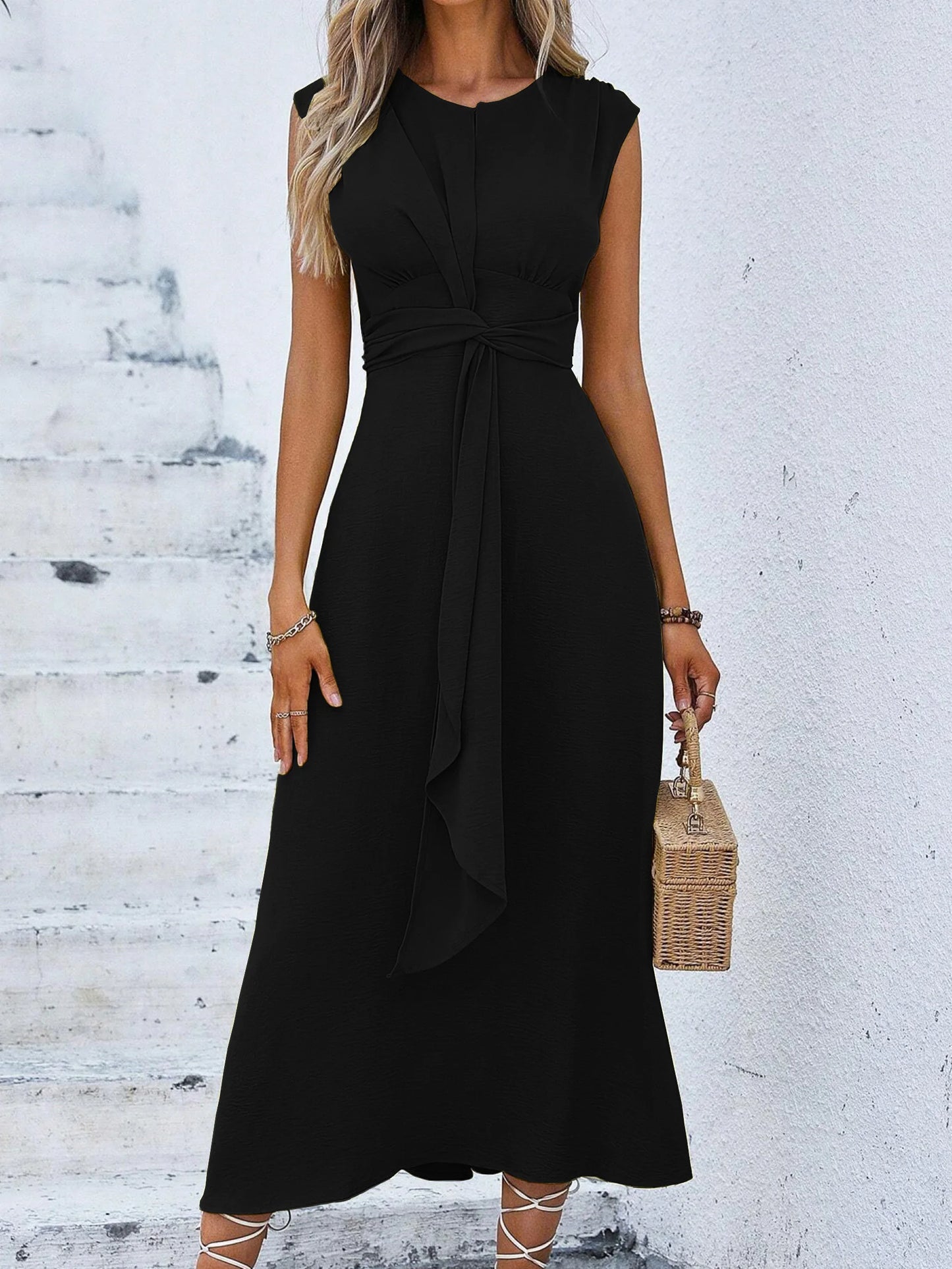 Women's Elegant Belted Midi Dress with Thin Front Straps