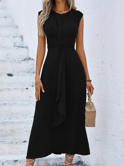 Women's Elegant Belted Midi Dress with Thin Front Straps