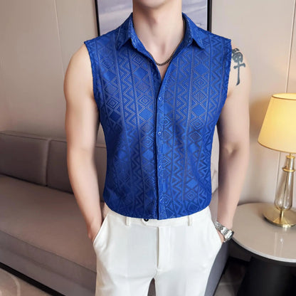 Men's Slim Fit Sleeveless Vest Shirt with Hollowed-Out Design