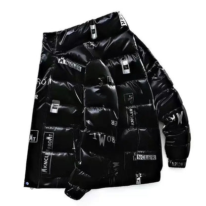 Men's Glossy Thickened Parka Jacket with Stand Collar