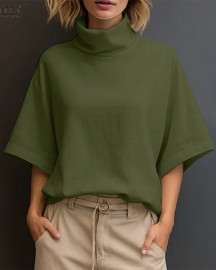 Zanzea Women's Elegant Turtleneck Half Sleeve Blouse