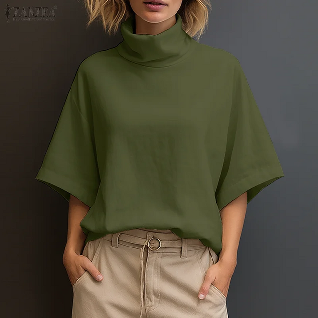 Zanzea Women's Elegant Turtleneck Half Sleeve Blouse
