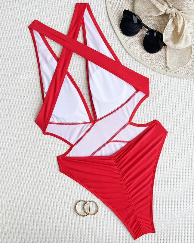 Women's Deep V Neck Cross Backless One-Piece Swimsuit - High Cut, Stylish & Flattering Swimwear
