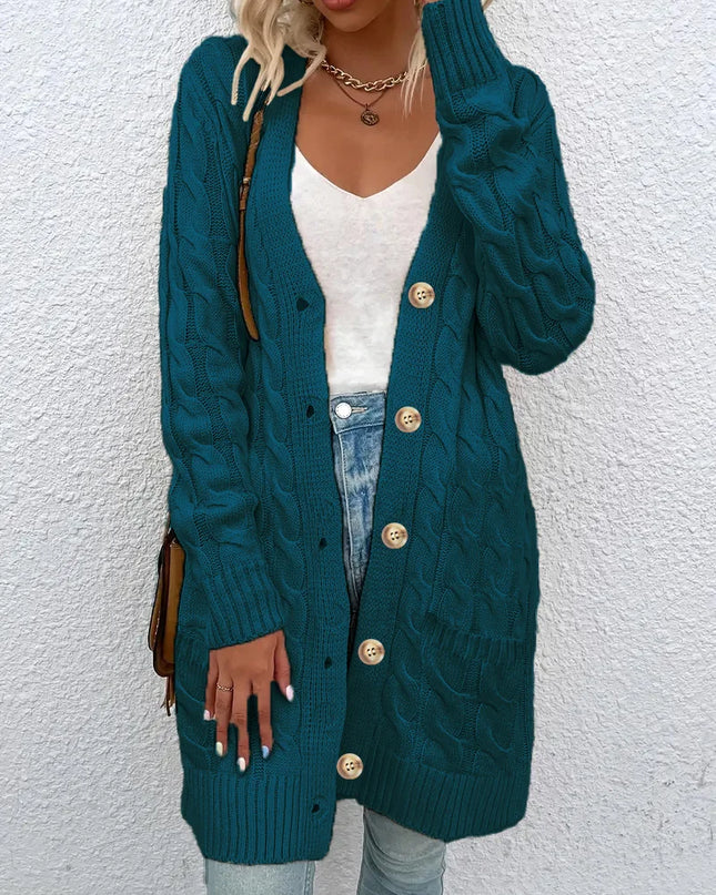 Women's Twisted Knit Long Cardigan with Single Button - Vintage Style