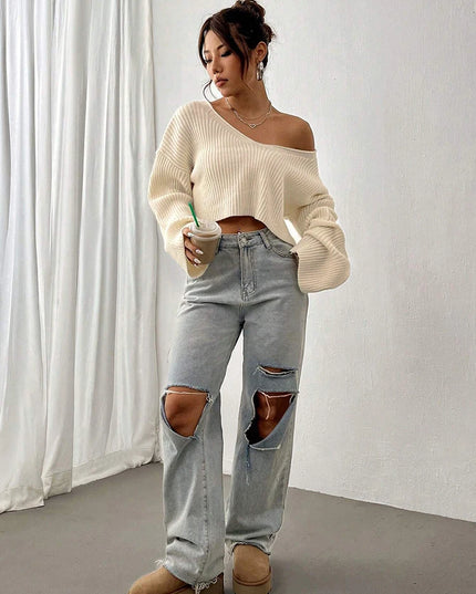 Women's V-Neck Knitted Stiped Sweater with Loose Fit