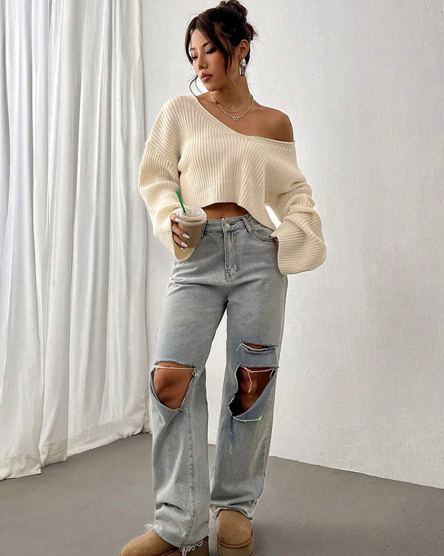Women's V-Neck Knitted Stiped Sweater with Loose Fit