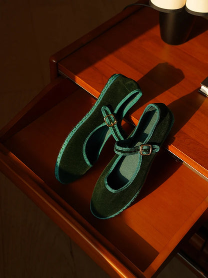 Velvet Mary Jane Flats for Women - Hand-Stitched Casual Shoes