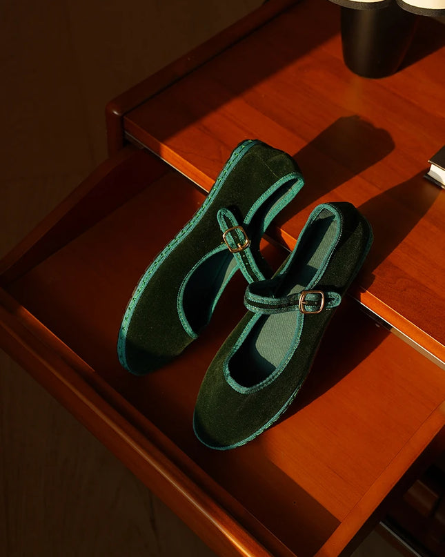 Velvet Mary Jane Flats for Women - Hand-Stitched Casual Shoes