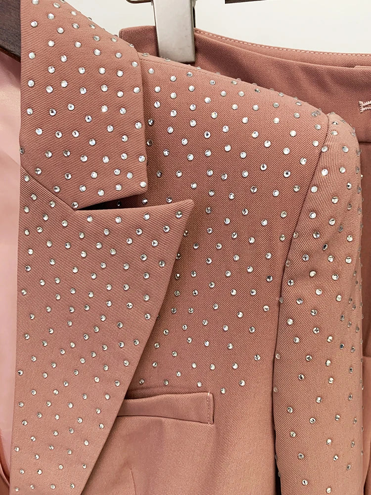Women's Elegant Two-Piece Beaded Blazer and Pants Set with  Diamond Detailing
