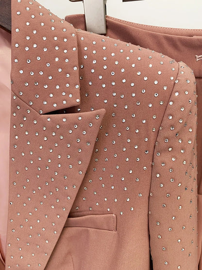Women's Elegant Two-Piece Beaded Blazer and Pants Set with  Diamond Detailing