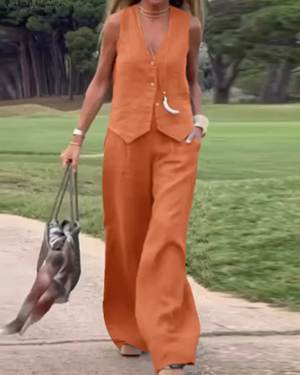 Womens Two Piece Sleeveless Vest Shirt and Trousers - Matching Set