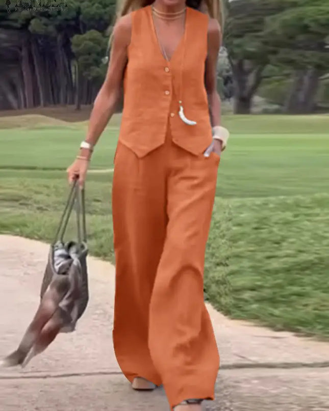 Womens Two Piece Sleeveless Vest Shirt and Trousers - Matching Set