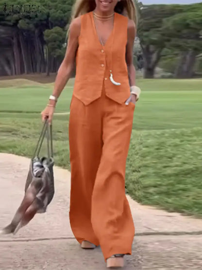 Womens Two Piece Sleeveless Vest Shirt and Trousers - Matching Set