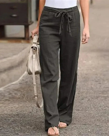 Women's Casual Loose Cotton Linen Pants - Elastic Waist, Straight Fit,