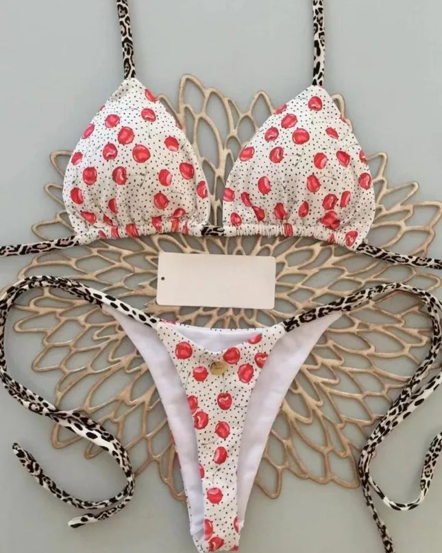 Women's Cherry Print Brazilian Thong Bikini Set - Two Piece