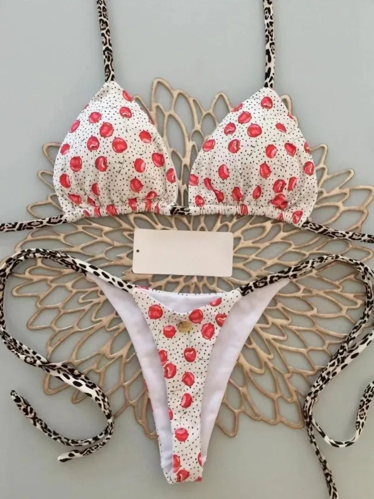 Women's Cherry Print Brazilian Thong Bikini Set - Two Piece