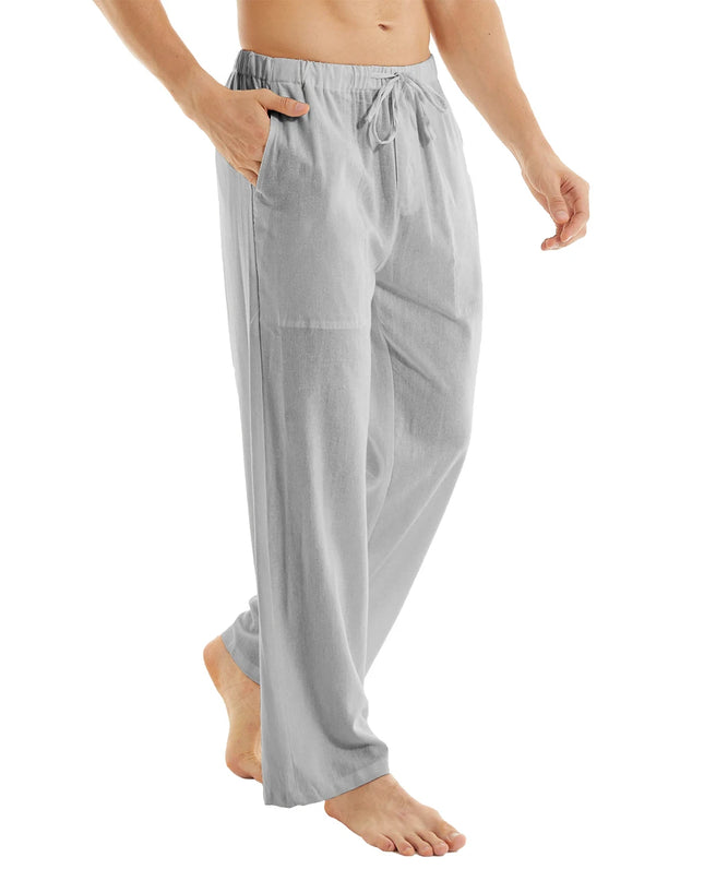 Men's Casual Linen Cotton  Pants Breathable Loos Elastic Waist