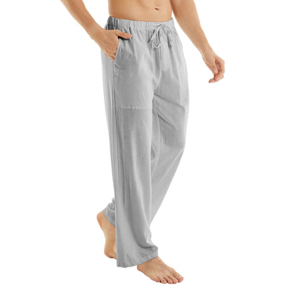 Men's Casual Linen Cotton  Pants Breathable Loos Elastic Waist
