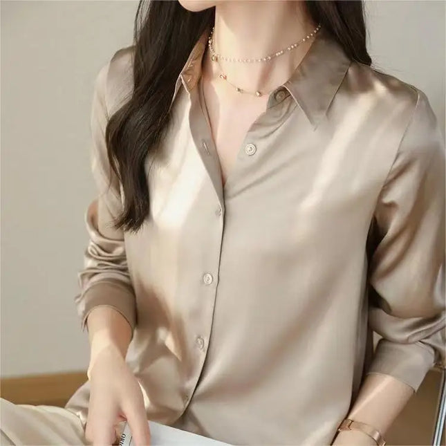 Elegant Satin Women's Blouse with Long Sleeves and Turn-down Collar
