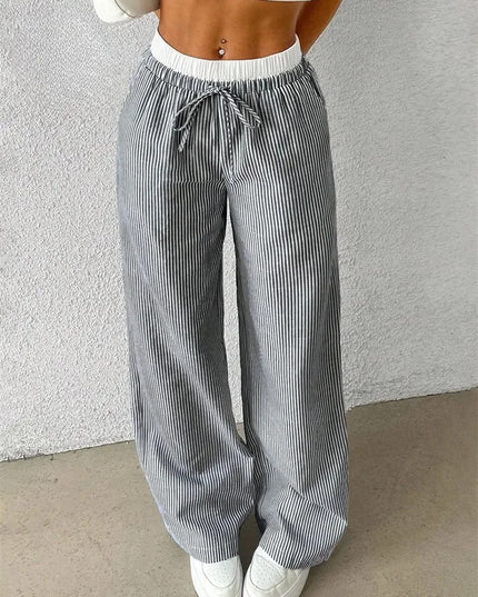 High-Waisted Wide Leg Pants for Women with Stripes, Drawstring, and Loose Fit