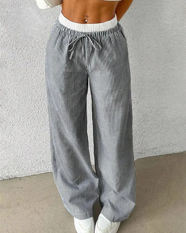 High-Waisted Wide Leg Pants for Women with Stripes, Drawstring, and Loose Fit