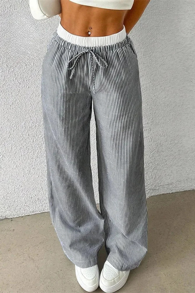 High-Waisted Wide Leg Pants for Women with Stripes, Drawstring, and Loose Fit